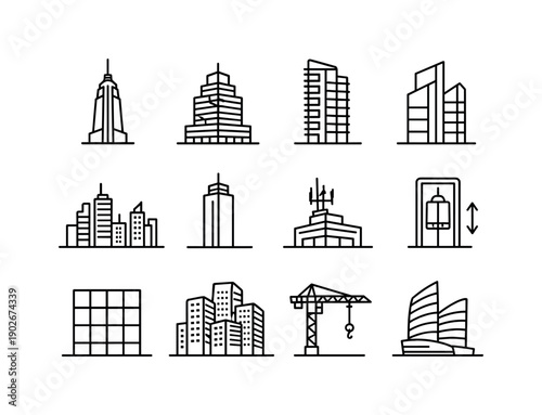 High-rise buildings. Line icon set of High-rise buildings: skyscraper tower, office high-rise, residential tower, glass facade, city skyline,