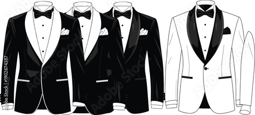 Elegant men tuxedo suits collection formal fashion clothing classic black white dinner jacket vector illustration set isolated design