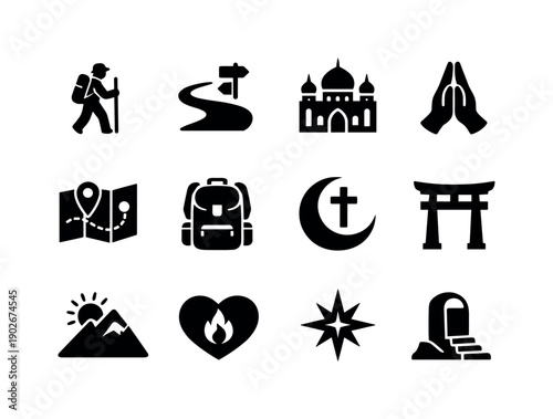 Holy Pilgrimage. Solid icon set of Holy Pilgrimage: pilgrim walking, sacred path, holy temple, prayer hands, pilgrimage map, backpack