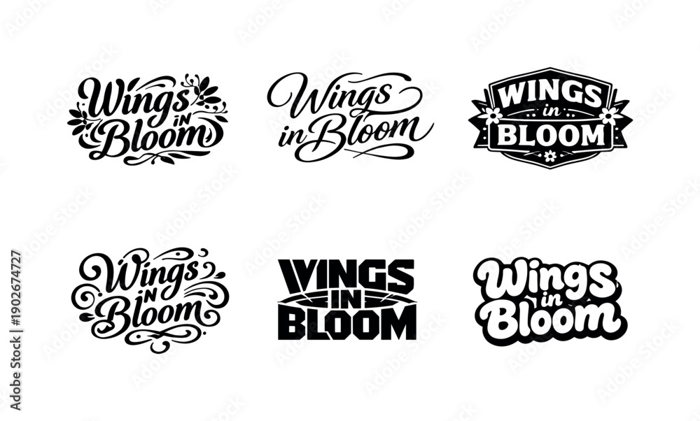 Fototapeta premium Wings in bloom. Set lettering. harmonious lettering variations of the same emblematic concept, each with different artistic interpretation