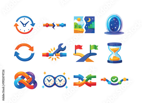 Time Paradox Icons Set. Time paradox resolution. Colorful flat vector icons set of time paradox resolution: looping clock, broken timeline, split reality, time