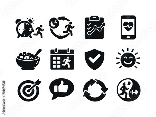 Morning jog. Solid icon set of healthy lifestyle habits: daily routine icon, sleep to run cycle, consistent tracker, healthy goal chart,