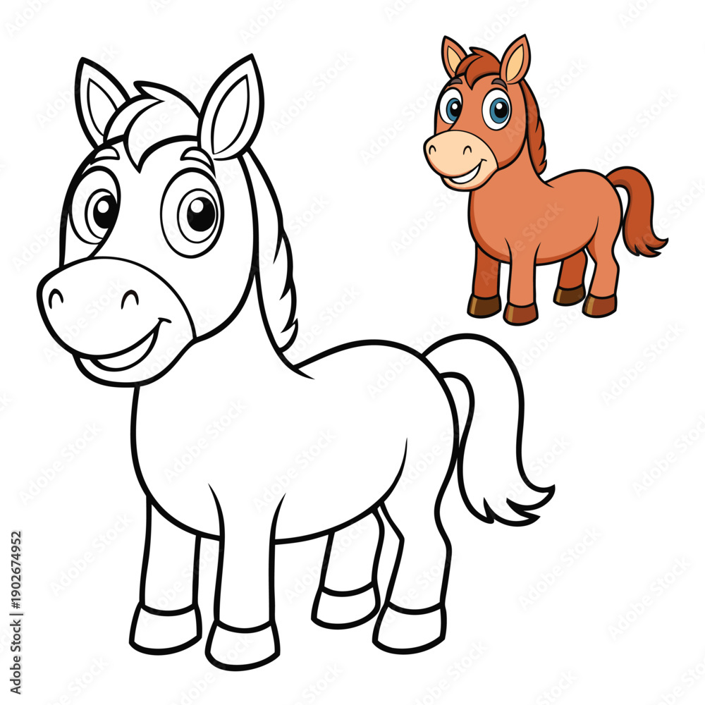 Obraz premium Cartoon Horse Coloring Page – Cute Brown Farm Animal with Light Mane, Blue Eyes, Smiling Face in Outline and Colored Version