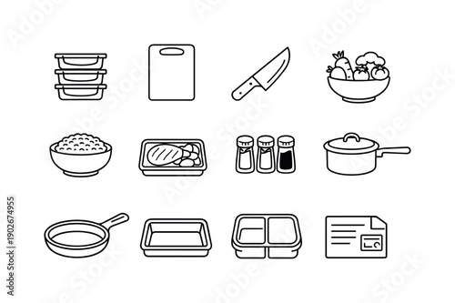 Healthy Meal Icons. Healthy Meal Prep. Line icon set of Healthy Meal Prep: meal prep containers, cutting board, chef knife, vegetables bowl, cooked grains,