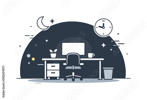 After-hours office lighting. A lone illuminated desk with a monitor glowing in an otherwise dark room, expressing stillness and absence.