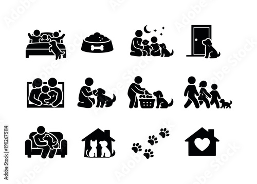 Everyday Life with Pets. Solid icon set of Everyday Life with Pets: family morning with pet, feeding time bowl, play before sleep, pet