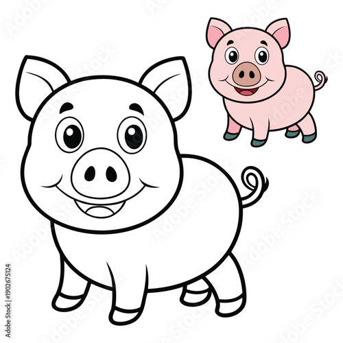 Cartoon Pig Coloring Page – Cute Pink Farm Animal with Curly Tail, Smiling Face, Blue Hooves in Outline and Colored Version