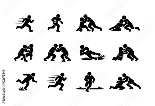 Open Field Tackle. Solid icon set of Open Field Tackle: sprinting defender, isolated runner, angle approach, diving hit, leg tackle, arm