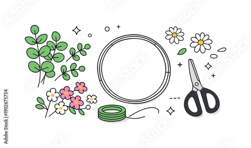 Spring wreath prep flat lay. Floral elements like eucalyptus, daisies and small blossoms arranged next to scissors and wire. Balanced and