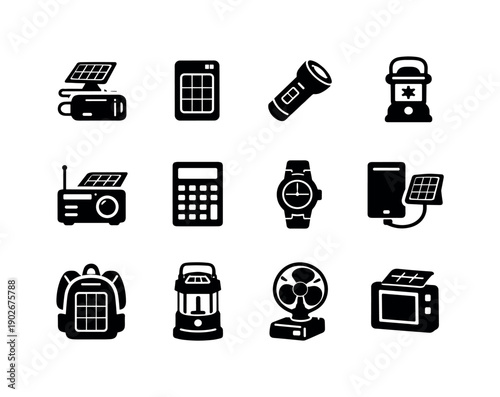 Solar-powered gadgets. Solid icon set of solar-powered gadgets: solar charger, solar power bank, solar flashlight, solar lantern, solar