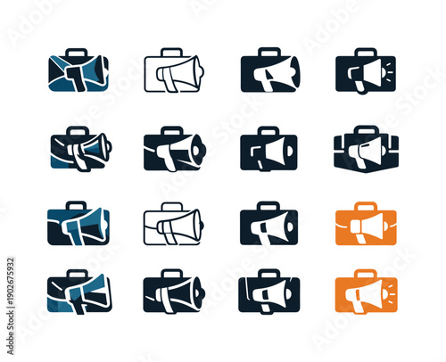 Business pitching. Icon set. Set Logo of Business pitching: briefcase with megaphone. harmonious logo variations of the same emblematic