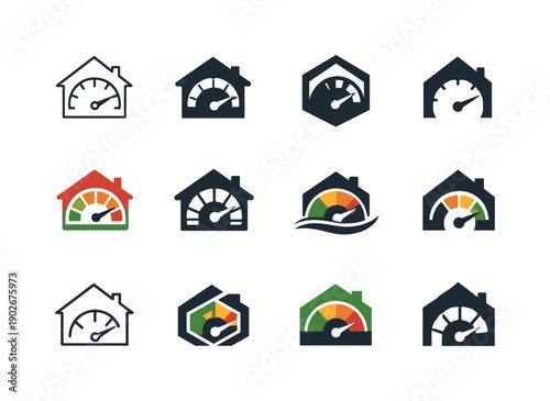 Energy efficiency consulting for homes. Icon set. Set Logo of Energy efficiency consulting for homes: house with energy gauge. harmonious