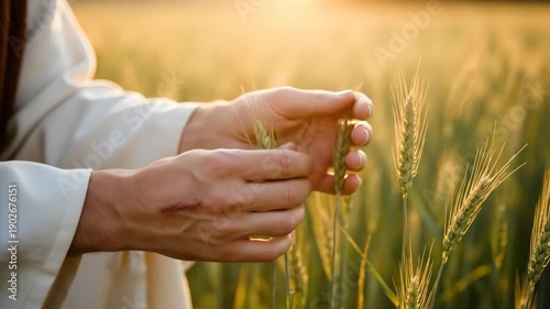 Jesus hands, scarred by stigamata, touch ripening wheat in a sunlit field. A religious concept of agriculture with biblical symbolism and references to nature.