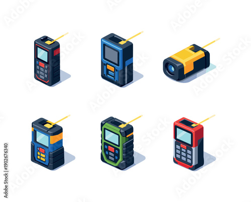 Laser distance meter. Isometric flat vector icons set of laser distance meter: handheld laser distance meter, laser measuring device with