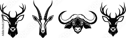 Set of four stylized animal head silhouettes featuring deer antelope buffalo wildlife emblem icon vector illustration graphic design isolated collection