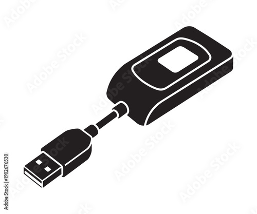 Isometric illustration of electronic dongle or security key connected to a usb port