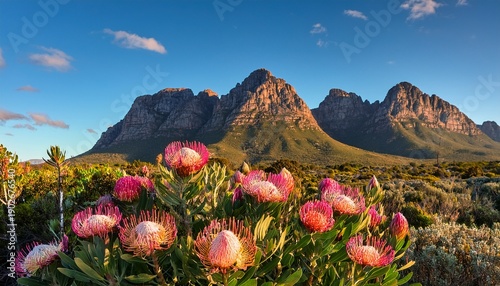 Pink Proteas With Jagged Mountain Peaks Background Near Stellenbosch South Africa