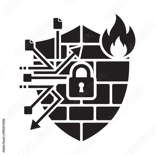 Cybersecurity shield with padlock and firewall blocking malicious data traffic vector
