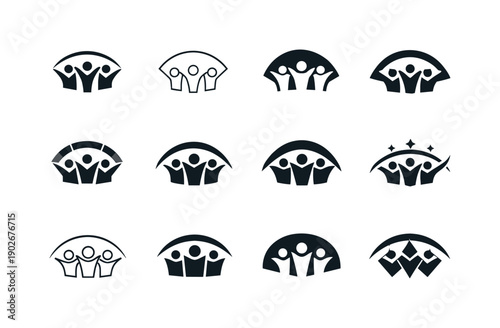 Employee motivation and incentive programs. Icon set. Set Logo of employee motivation and incentive programs: team figures with upward arc.