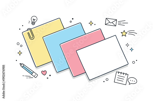 Stationery paper flat lay. Color paper sheets arranged diagonally for gentle movement. Light office and creative workspace atmosphere.