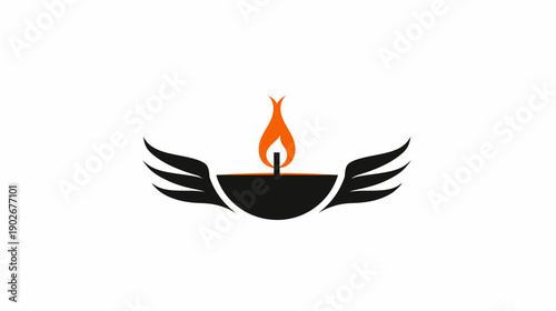 Abstract winged candle symbol with orange flame against white background