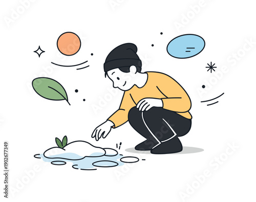 Melting snow details. A person observing melting snow on the ground, symbolizing mindfulness and seasonal awareness. Friendly calm