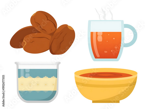 Flat design collection sweet dates, steaming beverage, layered drink, hearty soup. Ideal for food, drink, and mealtime graphic projects