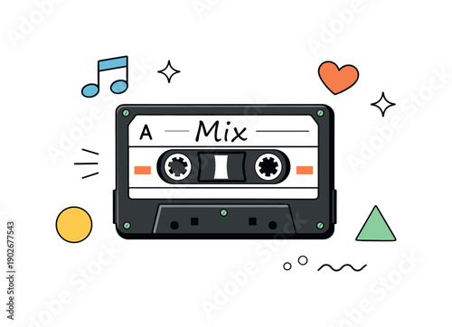 Nostalgic Mix Tape. Music nostalgia flat lay. Cassette tape with