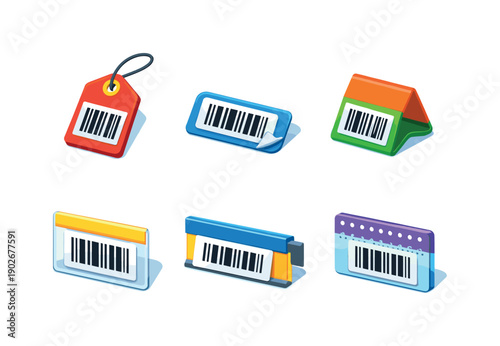 Colorful Barcode Labels. Barcode price tags. Isometric flat vector icons set of barcode price tags: hanging retail price tag with barcode, adhesive barcode
