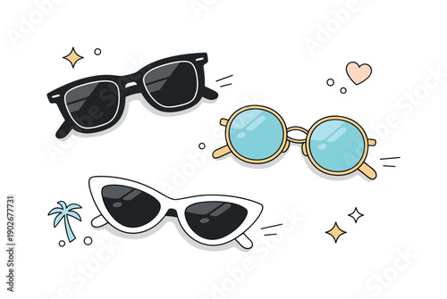 Fashion eyewear flat lay. Modern sunglasses placed diagonally for dynamic balance. Editorial fashion feel, stylish and calm presentation.