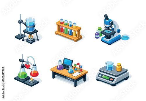 Science experiment. Isometric flat vector icons set of science experiment: laboratory beaker setup, test tube rack, microscope station,