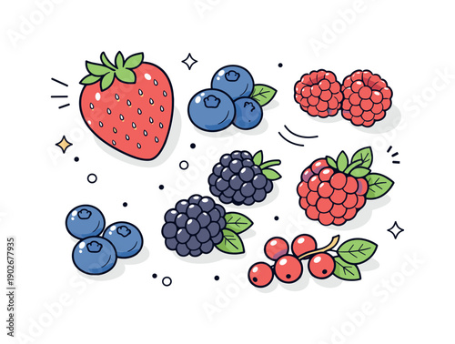 Fresh berries top view. Minimal flat lay scene with berries placed thoughtfully, highlighting texture and freshness. Clean and elegant food