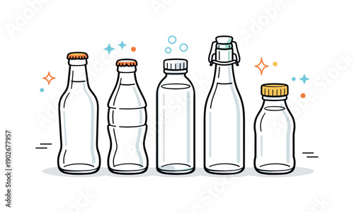Glass drink bottles. Clean arrangement of glass bottles with different shapes and caps, standing calmly side by side and reflecting light.