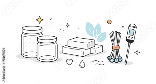Minimalist Candle Crafting. Minimal candle making tools set. Simple arrangement of candle jars, wax blocks, wicks, and thermometer, expressing mindful DIY