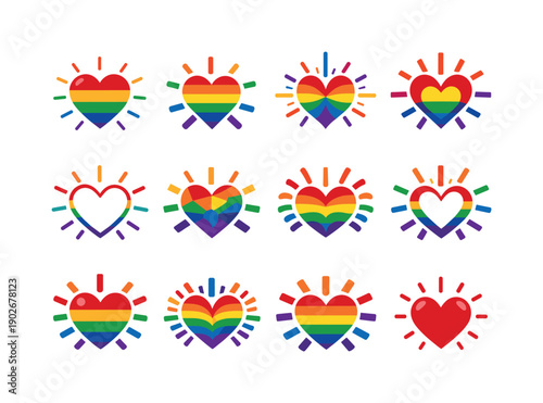 Pride. Icon set. Set Logo of pride: heart with radiant aura. harmonious logo variations of the same emblematic concept, each with different