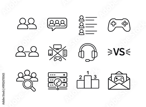 Multiplayer Game Icons. Multiplayer games. Line icon set of Multiplayer games: player avatars, team chat bubble, online friends list, game controller, dual