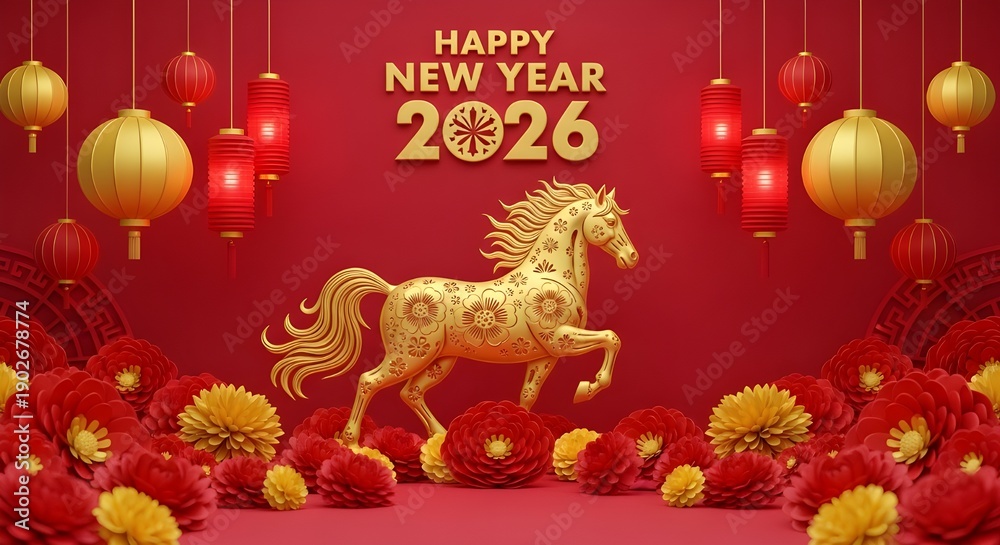 Naklejka premium A vibrant new year 2026 celebration featuring a golden horse traditional lanterns and blooming flowers on a rich red background high quality professional detailed modern