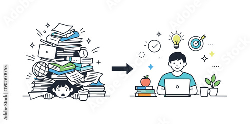 Sustainable lifelong learning. An editorial transition scene where excessive learning materials reduce into a balanced, manageable set around