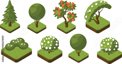Isometric terrain block illustration featuring evergreen trees, fruit trees, trimmed round canopies, and flowering bushes for modular landscape, gardening, and game environment design