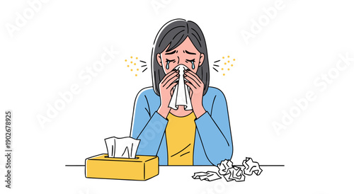 This vector illustration depicts a young woman crying and wiping her nose with a tissue, showing symptoms of illness or sadness