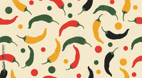 Seamless pattern vector illustration of colorful chili peppers and dots on a beige background, perfect for food and beverage designs