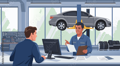 Professional auto mechanic discussing car repair with a customer in a clean workshop, vector illustration
