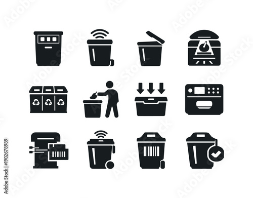 Smart Sorting Stations. Solid icon set of Smart Sorting Stations: digital bin screen, sensor bin, automatic lid, waste scanner, organized
