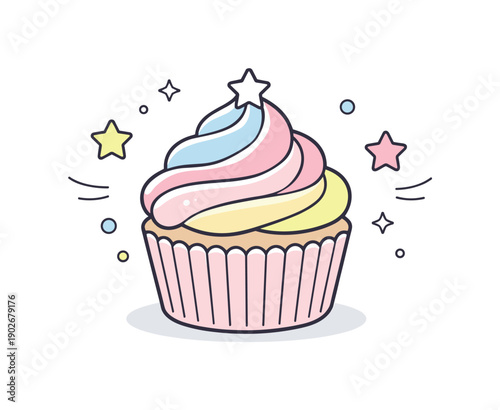 Cupcakes pastel. A single pastel cupcake with swirled frosting and tiny stars floating around it in a clean central layout. The illustration