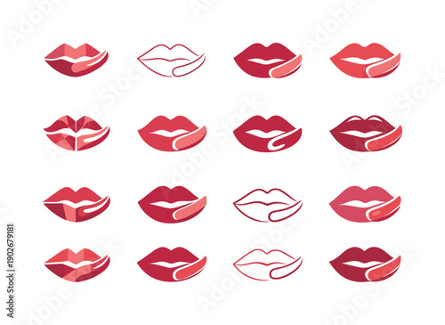 Lip care products close-up. Icon set. Set Logo of lip care products close-up: lips with balm swipe. harmonious logo variations of the same