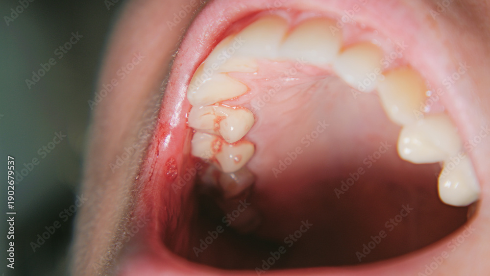 Fototapeta premium Extreme close-up of an aphthous ulcer, or canker sore, on the inner cheek mucosa. This medical macro image shows oral inflammation and stomatitis, highlighting dental health and oral pathology