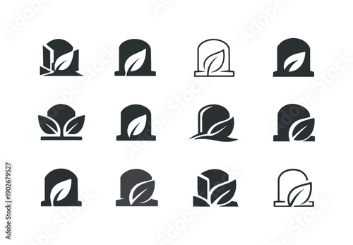 Deceased. Icon set. Set Logo of deceased: tombstone and leaf. harmonious logo variations of the same emblematic concept, each with different
