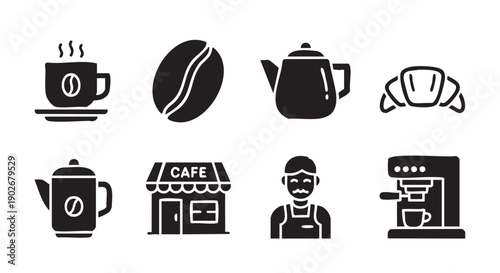 Collection of coffee related icons and symbols in flat design style