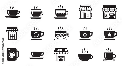 Collection of coffee cup and cafe related icons in flat design style