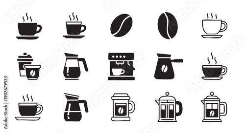 Collection of coffee related icons and symbols in flat design style